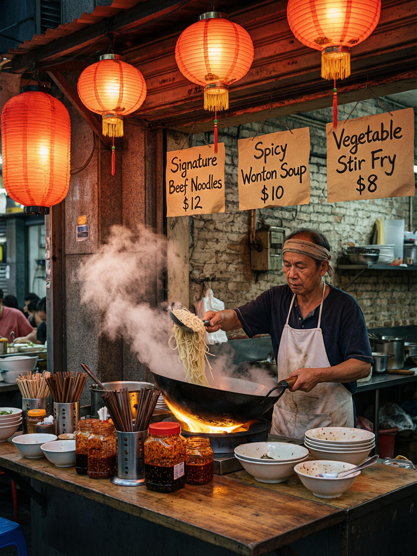 A night market noodle stall lit by hanging paper lanterns