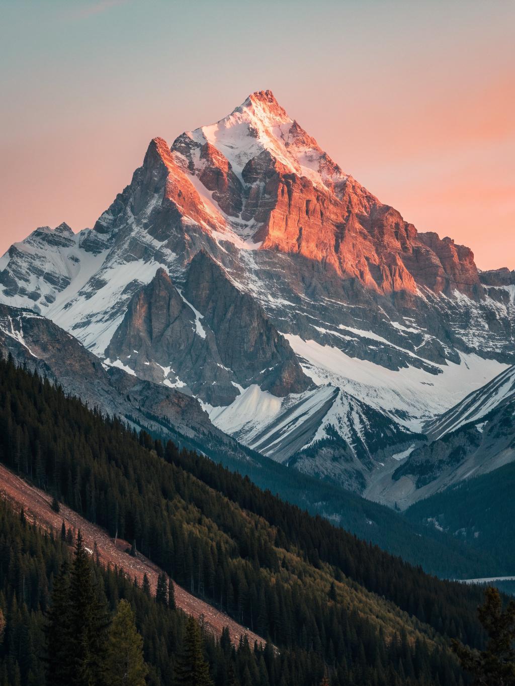 A flat vector alpine peak at sunrise in coral, bone and slate