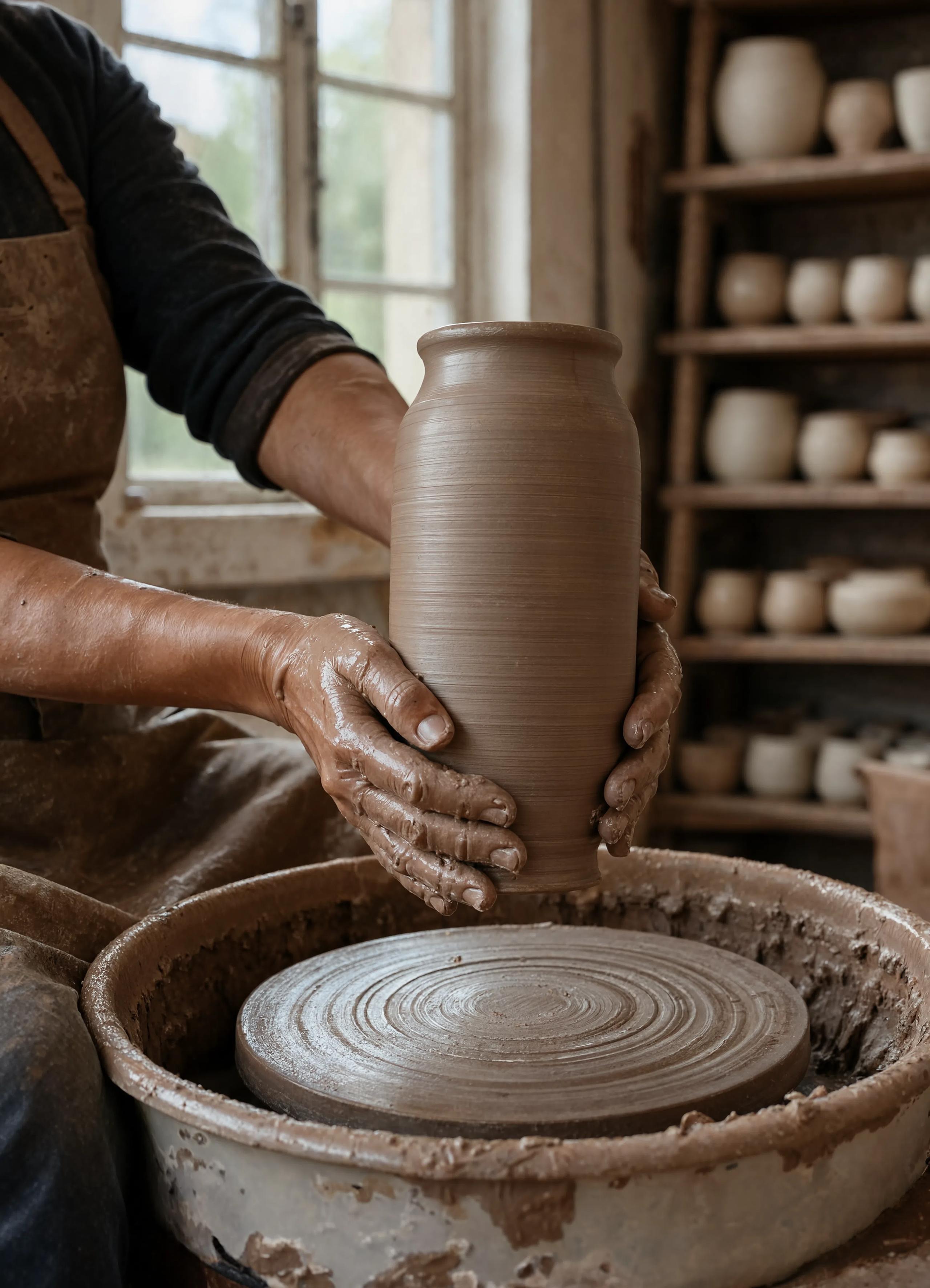 A ceramicist's hands lifting a tall thrown vessel from the wheel