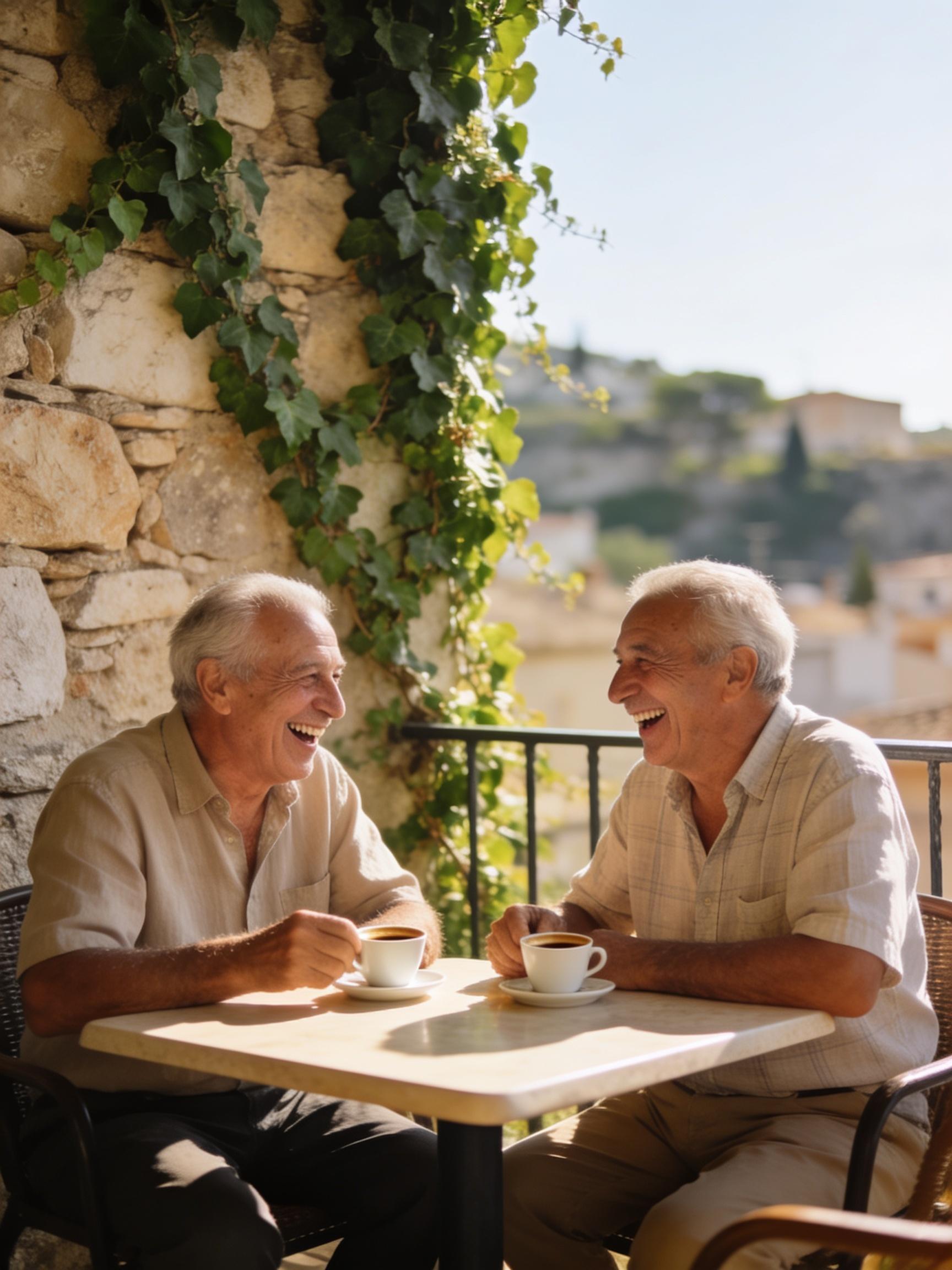 Two older men laughing over espresso at a sunlit terrace table