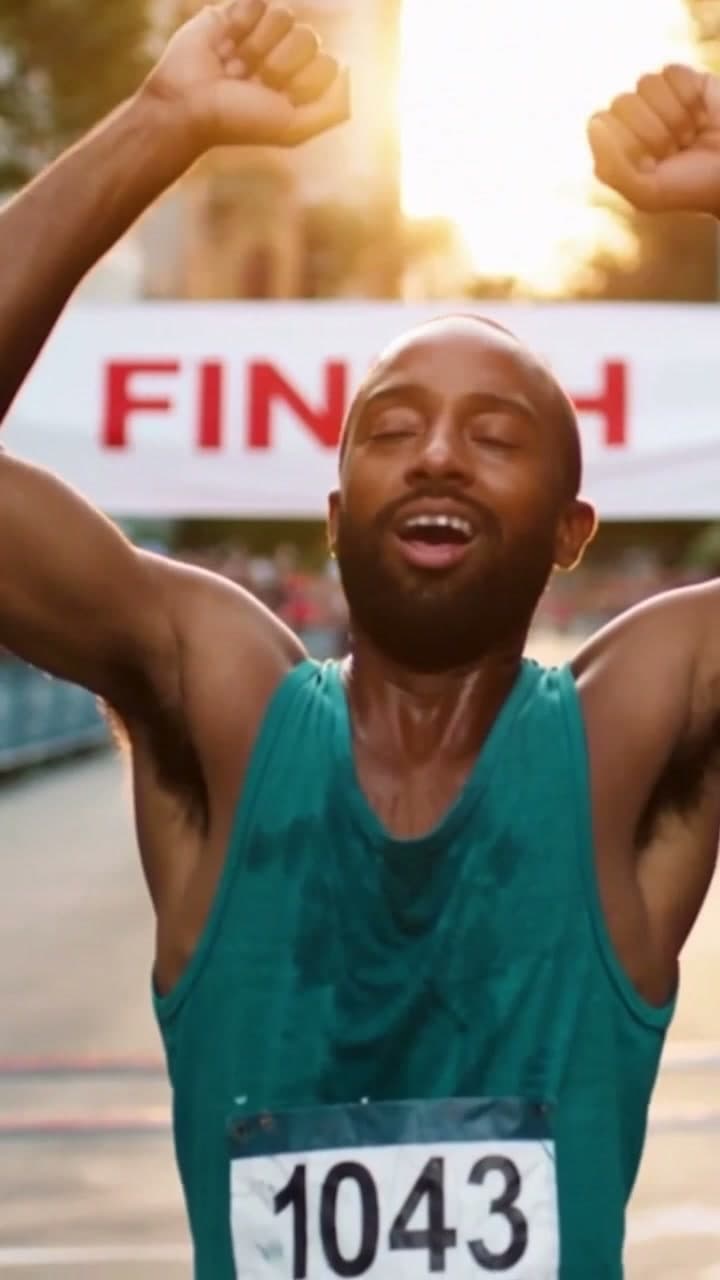A marathon runner crossing the finish line with arms raised