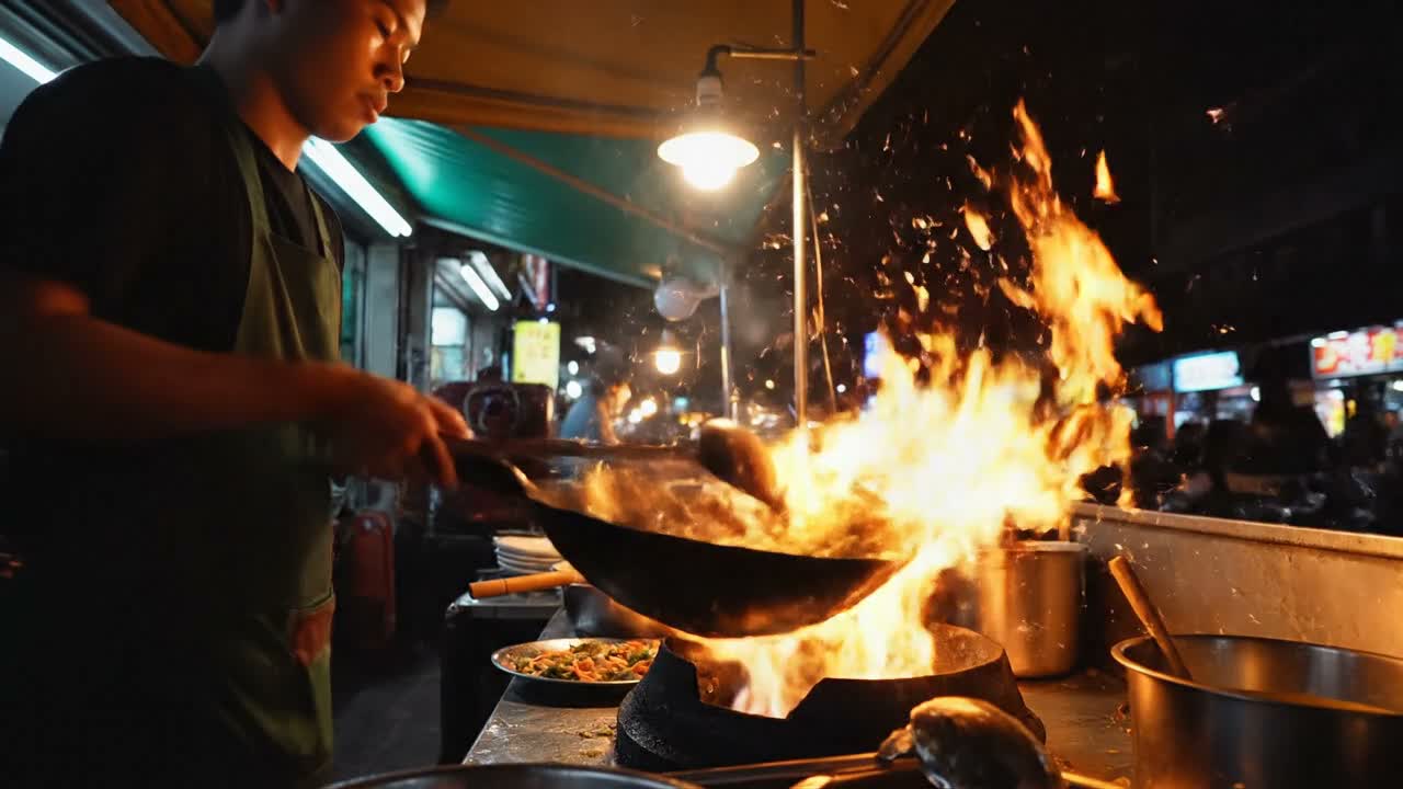 A street chef tossing a flaming wok at a night market stall