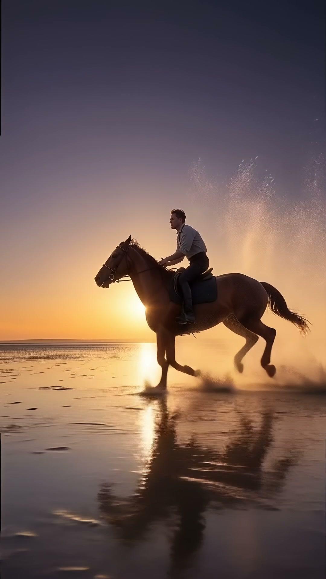 A horse and rider galloping through shallow tidal water at sunset