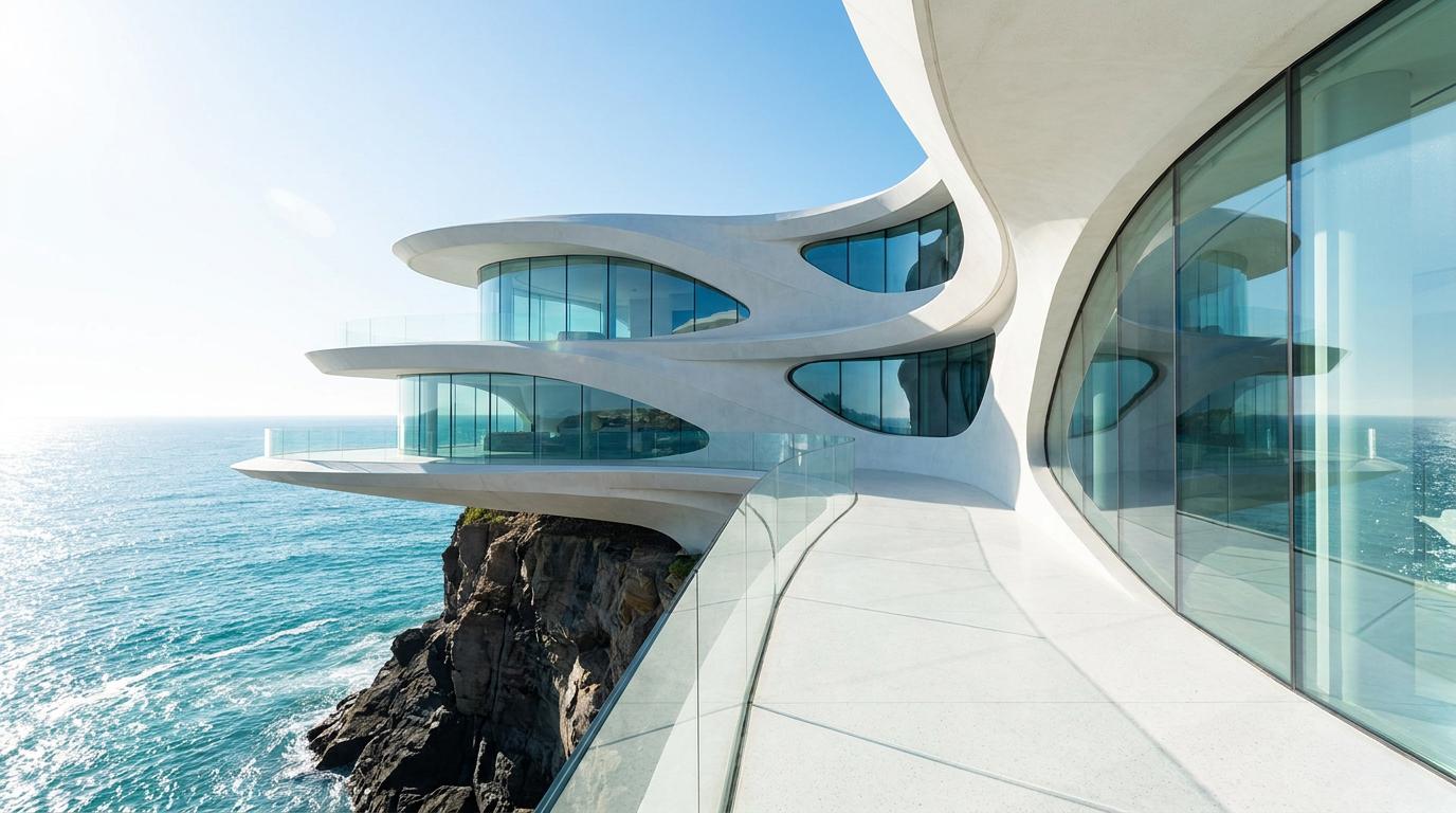 A white curved-concrete cliffside pavilion, its stacked balconies cantilevered over the sea