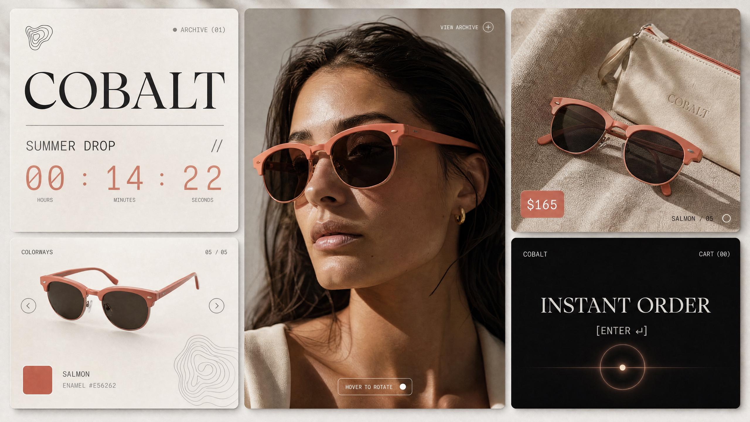A bento-grid landing page for a sunglasses brand, with a product hero, countdown, colourway picker and order panel