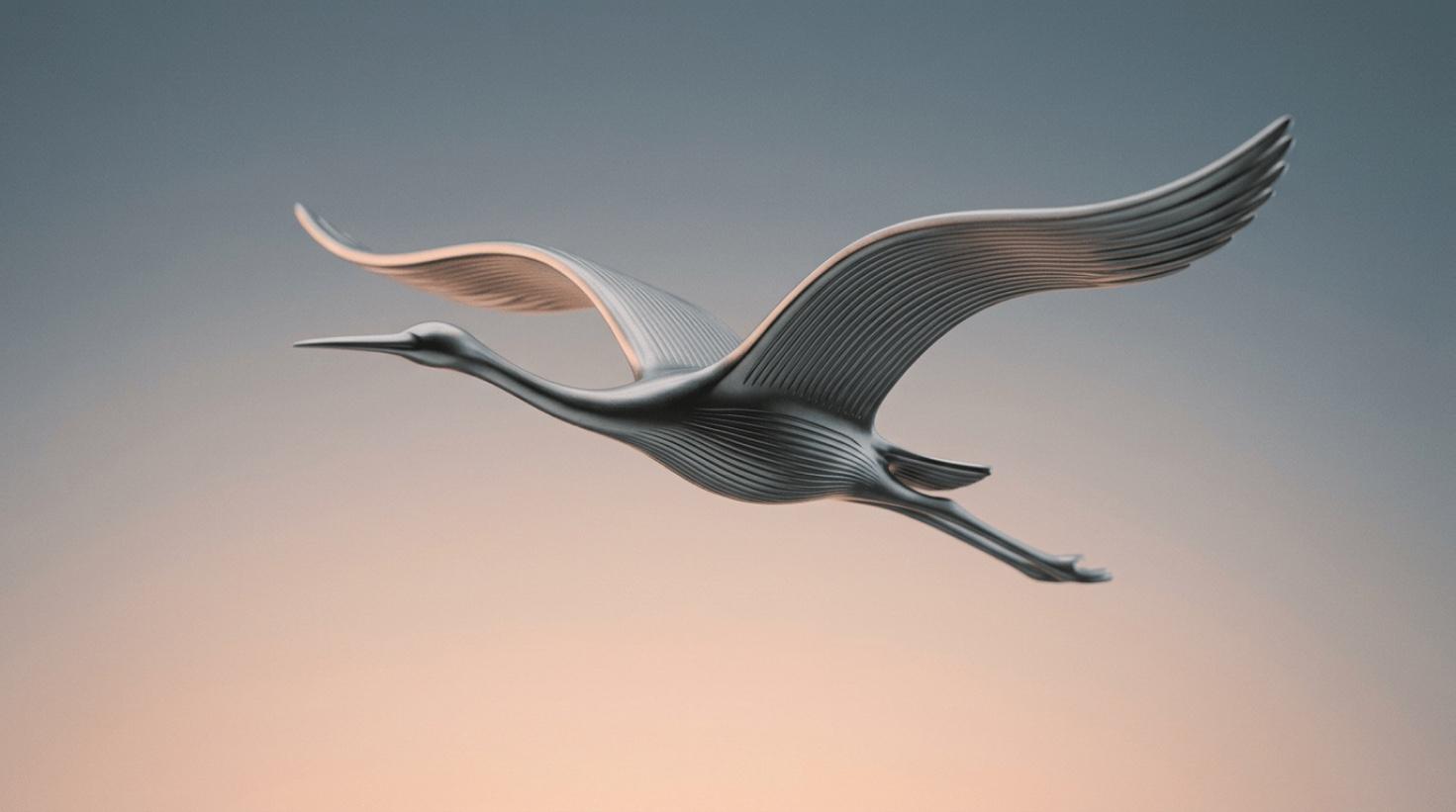 A sculptural crane in flight at dusk — World Action Models