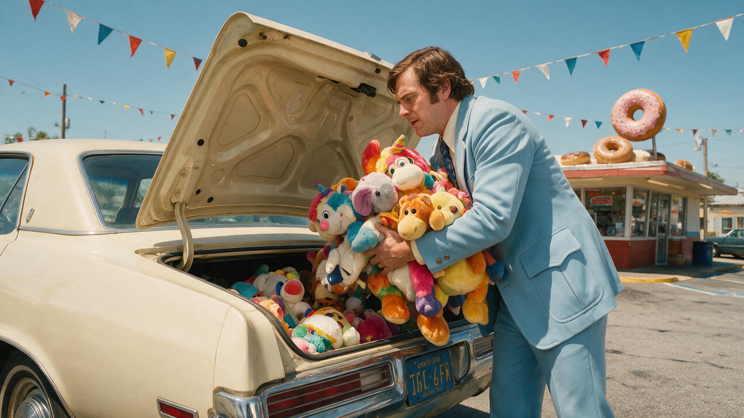 Man in a powder-blue suit loading plush carnival animals into a cream sedan outside a donut shop