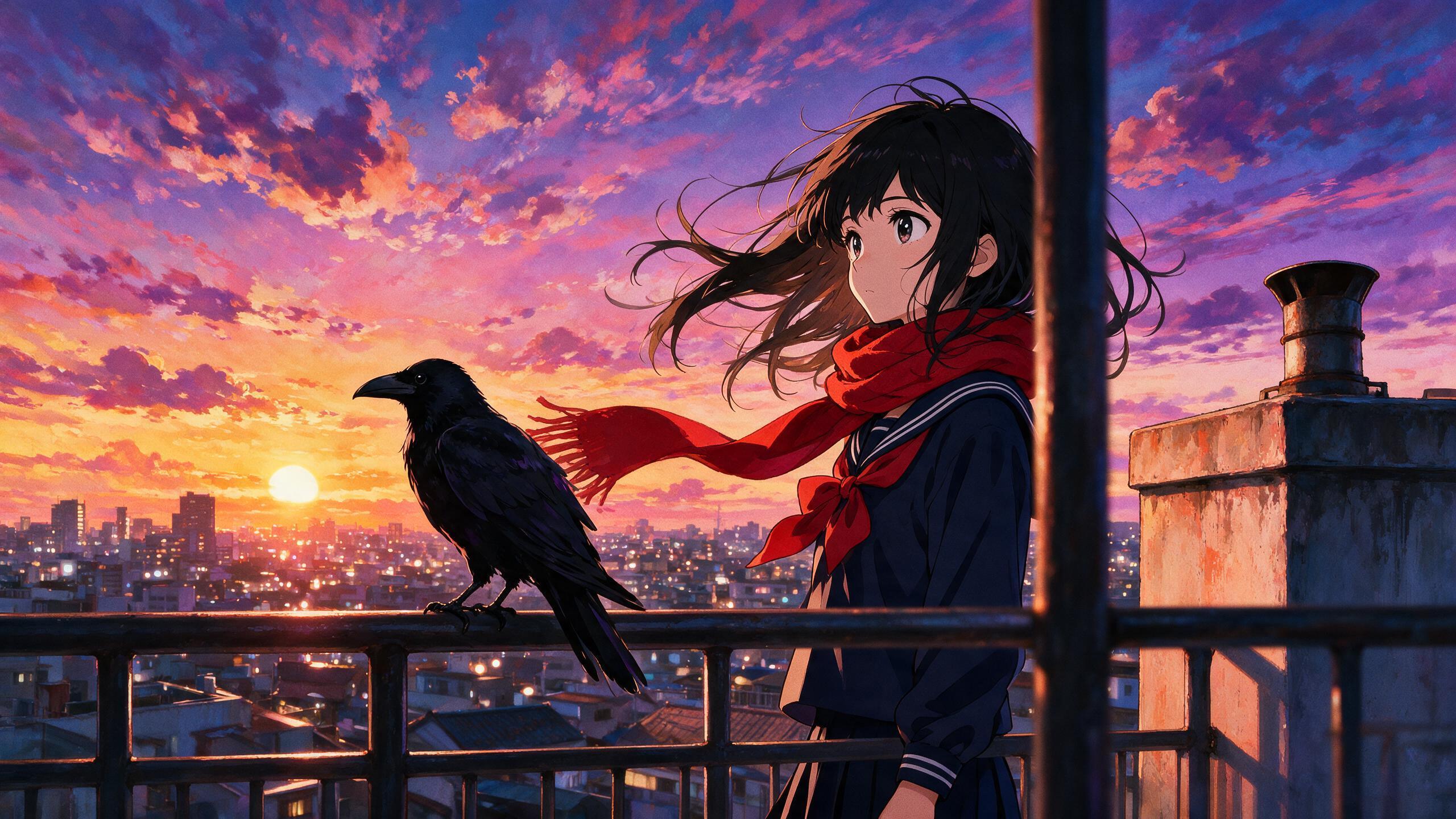 Anime key visual of a girl in a red scarf on a rooftop at dusk with a crow on the railing