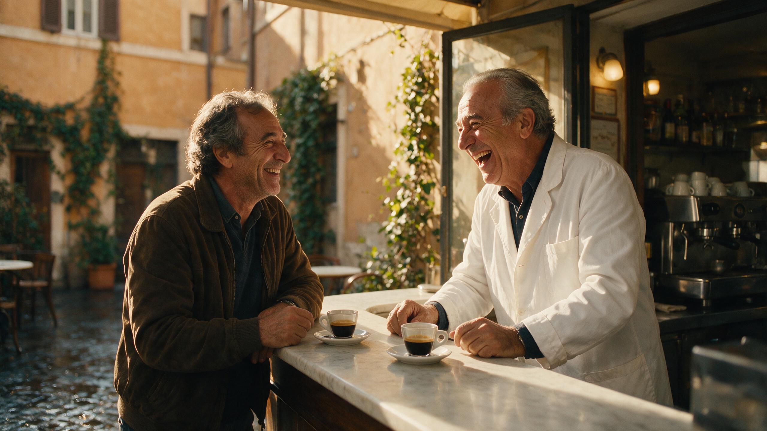 Barista laughing with a regular at a sunlit Roman espresso bar