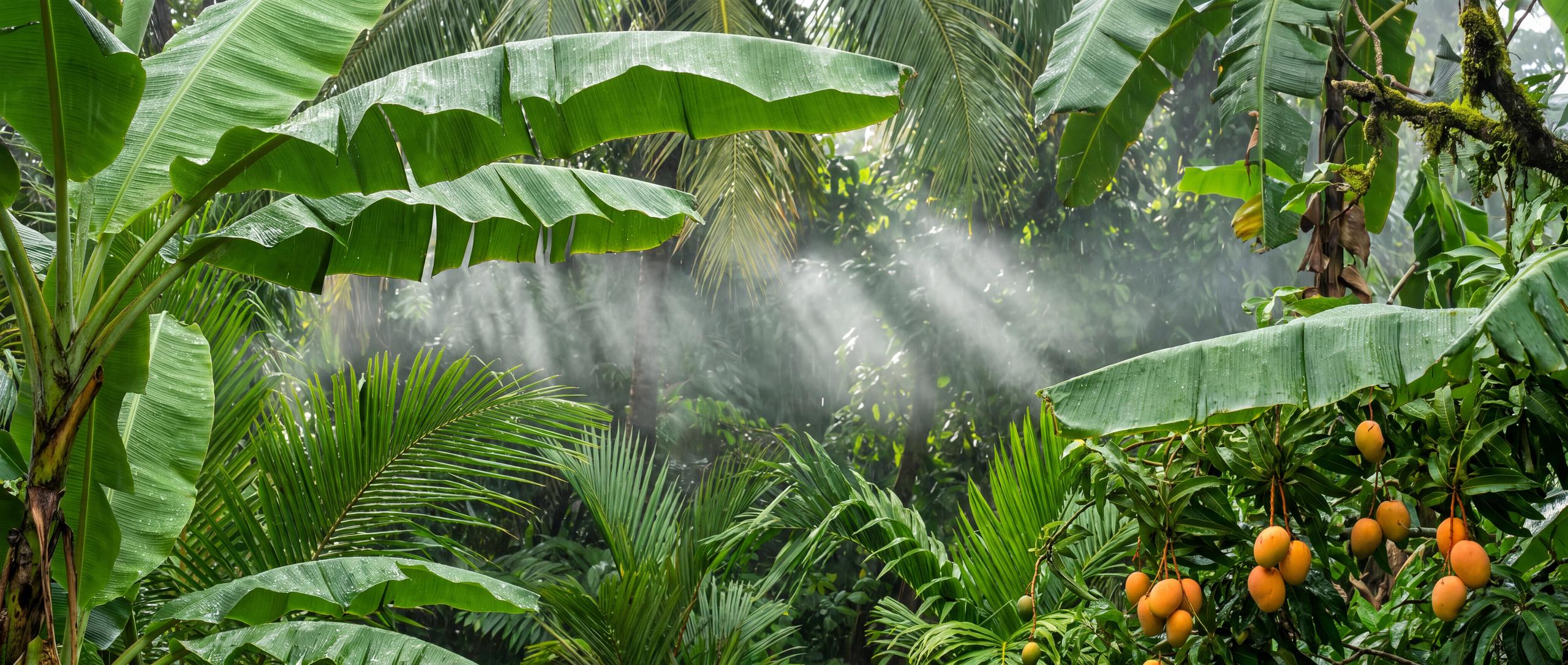 Ultra-wide rainforest canopy after rain with layered palm fronds and hanging mangoes