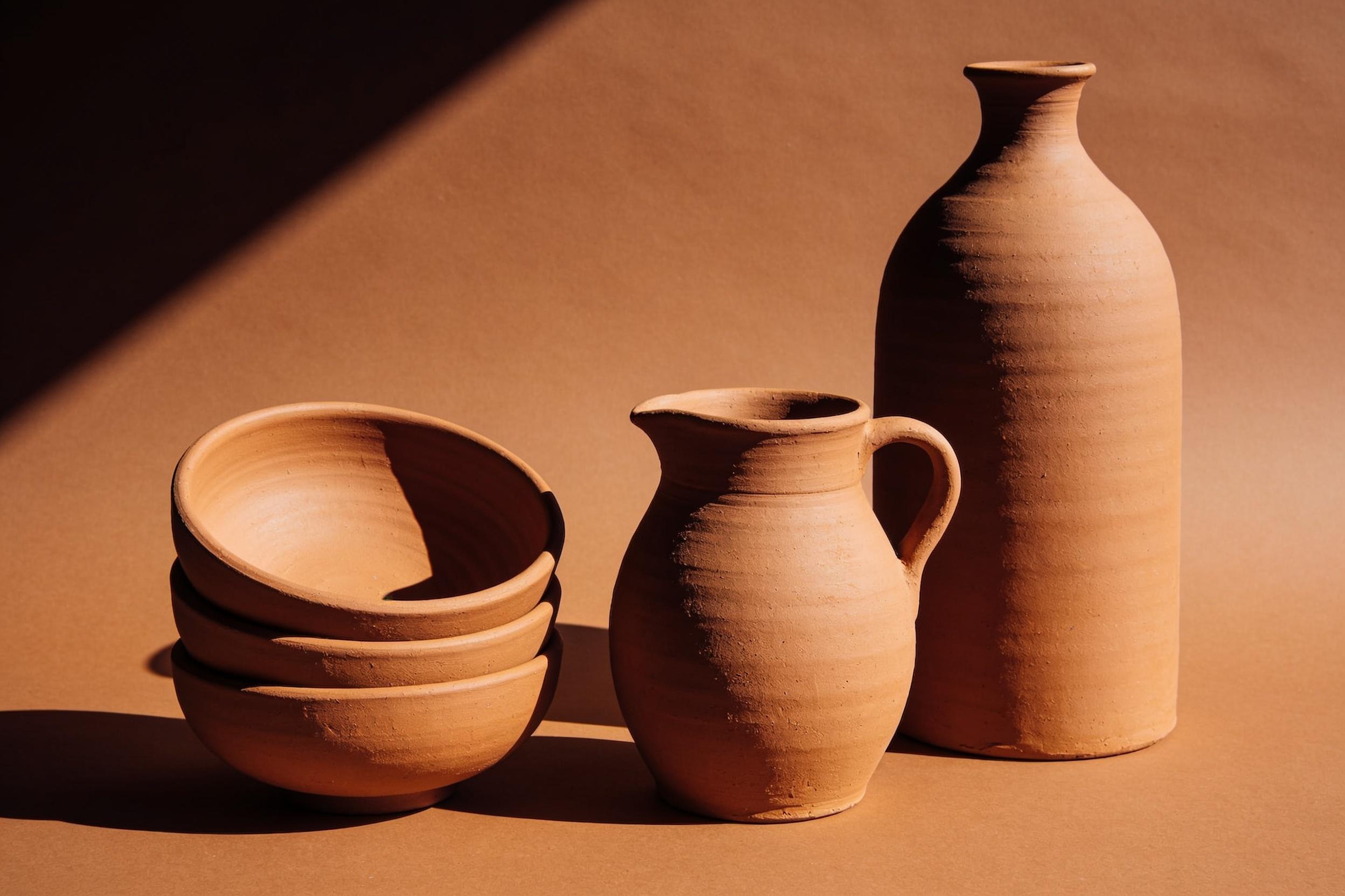 Stacked terracotta ceramics in warm directional studio light