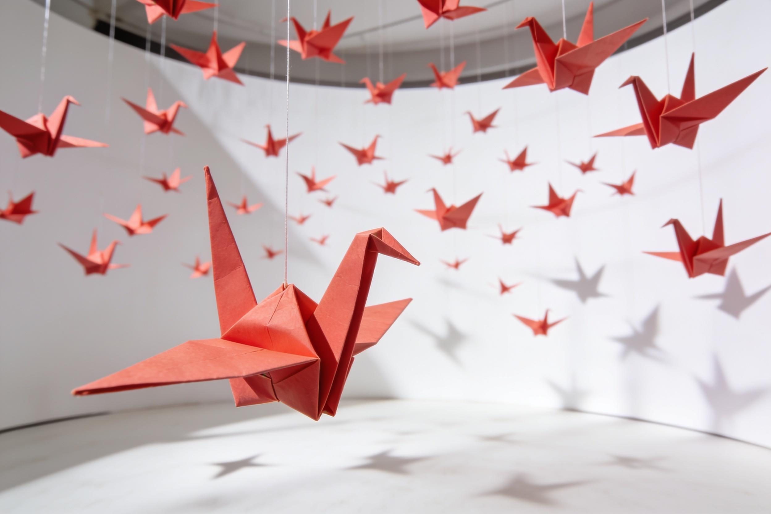 Coral-red origami cranes suspended mid-air in a white studio