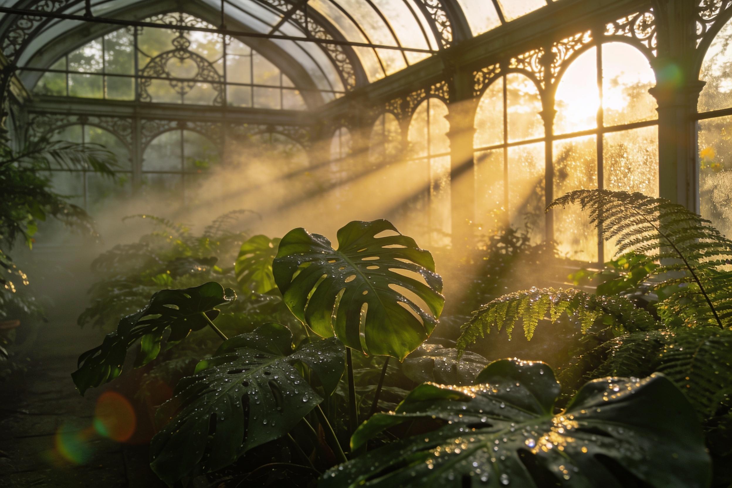 Victorian glass greenhouse at dawn with sun rays through fogged panes