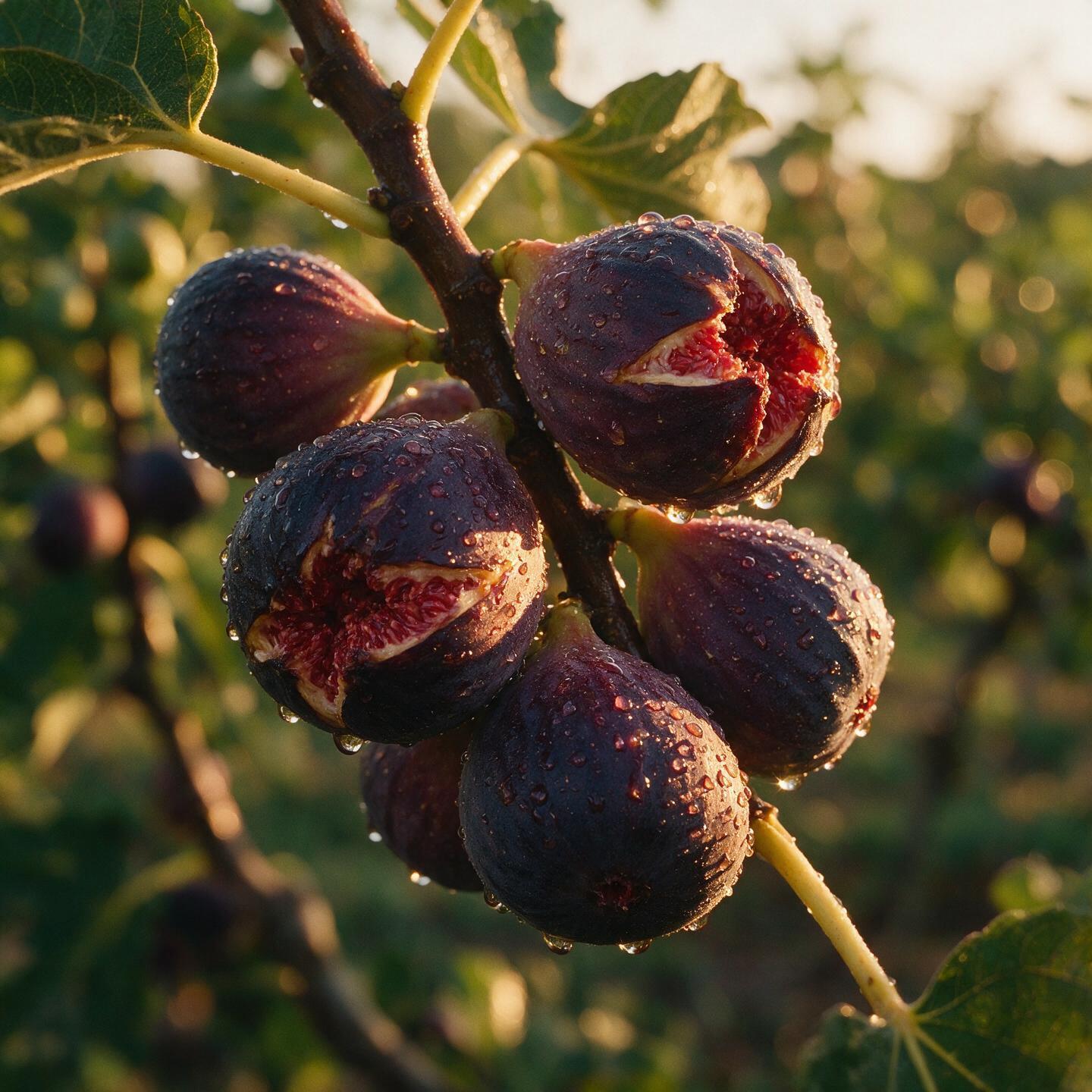 Ripe purple figs on a dew-covered branch in golden backlight, one split open