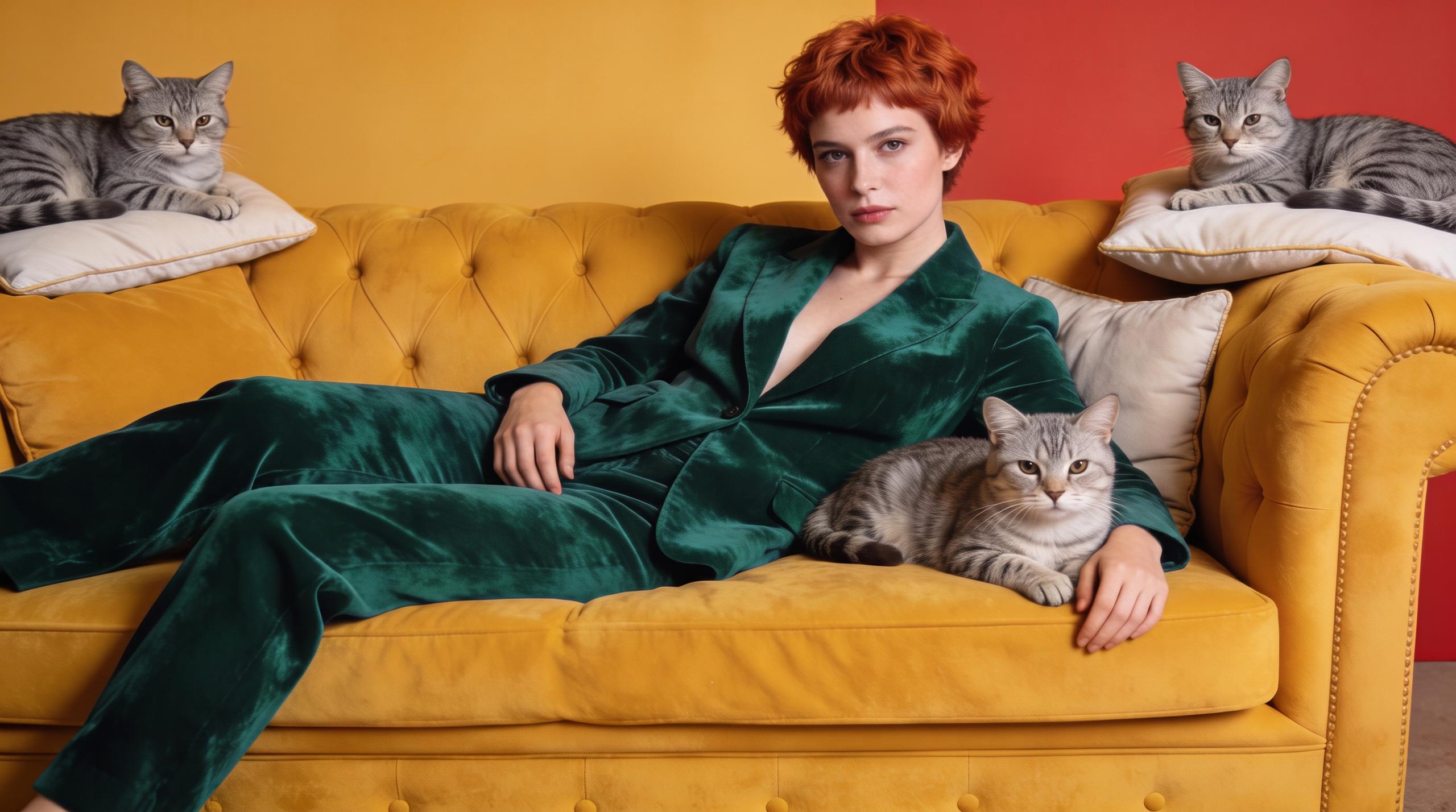 The same photograph with the velvet suit changed from cobalt blue to emerald green, everything else unchanged