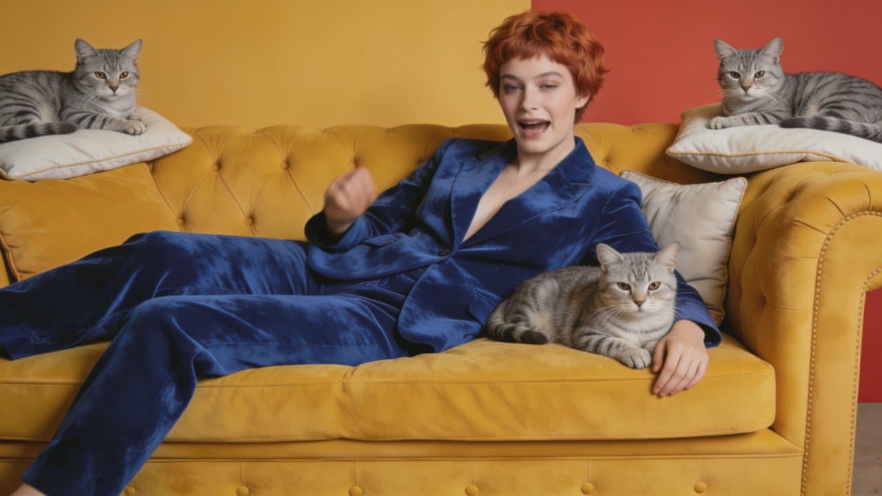 The same woman mid-sentence on the mustard sofa, speaking to camera with her tabby cats beside her
