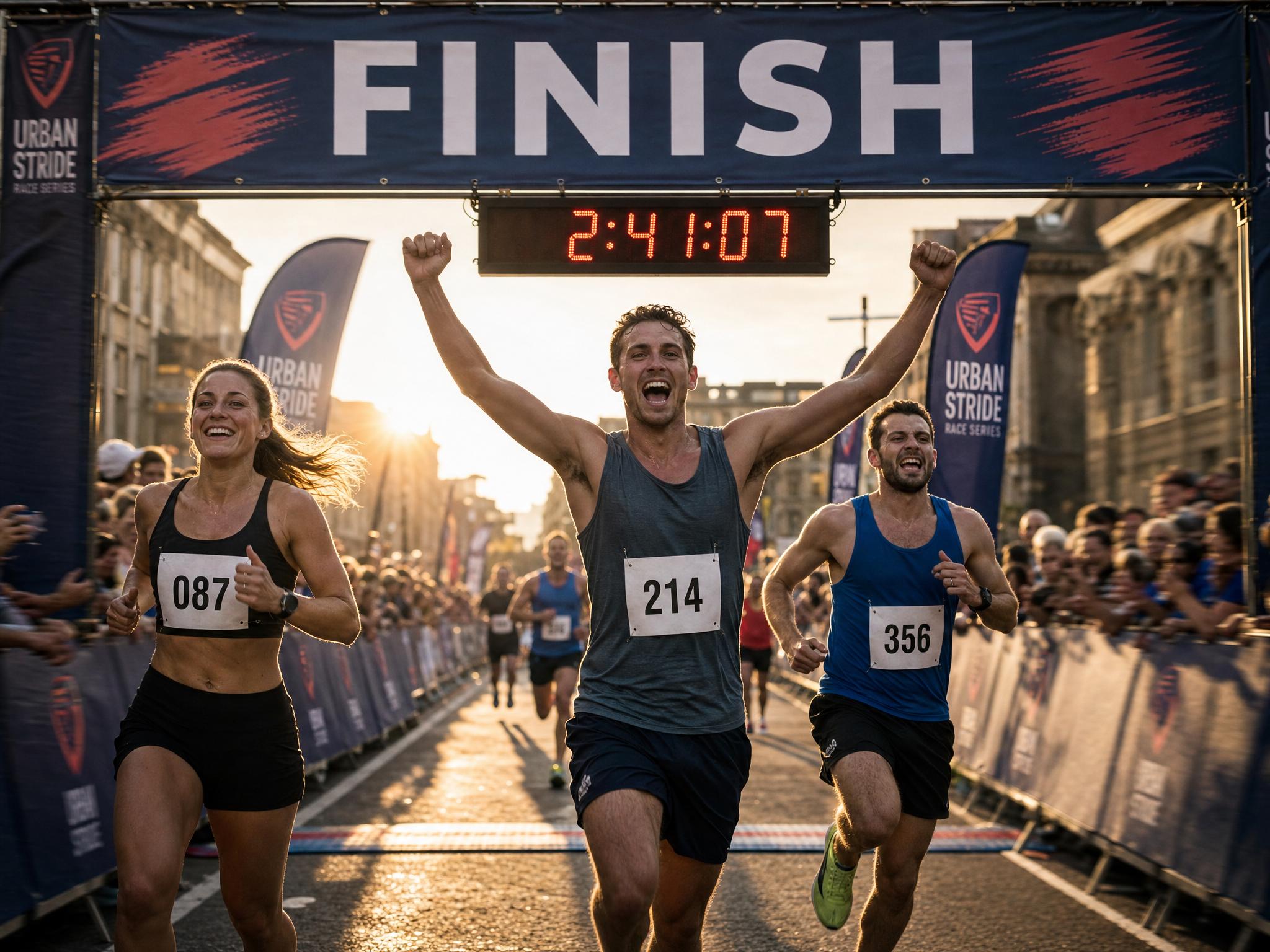 Runners crossing a marathon finish line beneath a FINISH banner and a race clock reading 2:41:07