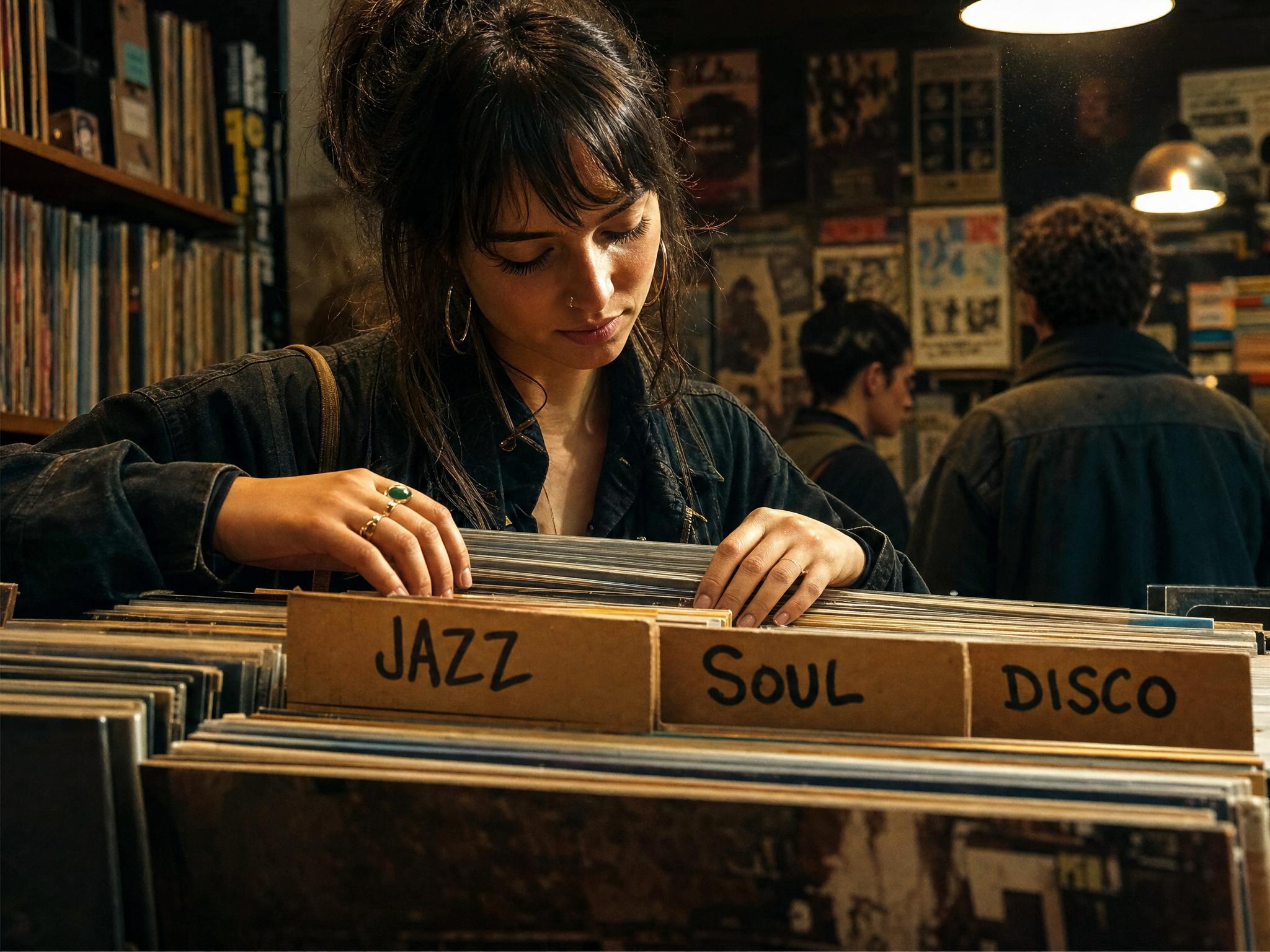 Woman flipping through a record crate whose hand-lettered dividers read Jazz, Soul and Disco