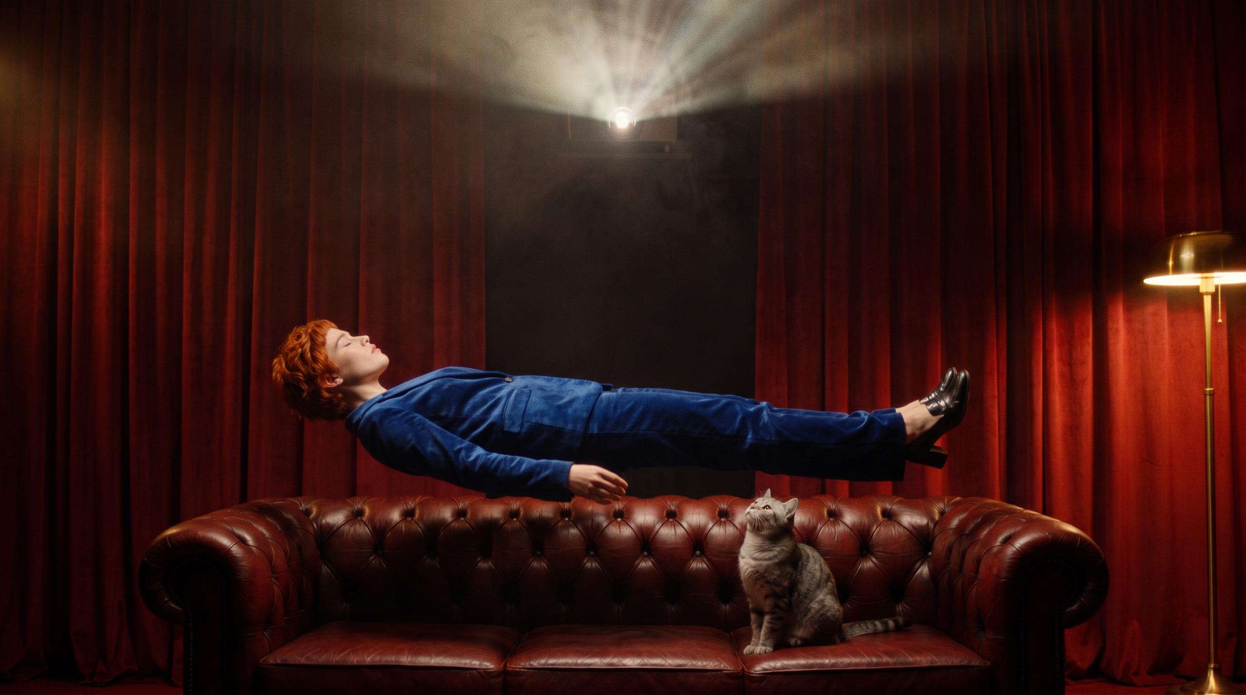 A woman in a cobalt velvet suit floating above a leather sofa in a red velvet screening room, a grey tabby cat watching from the cushion below