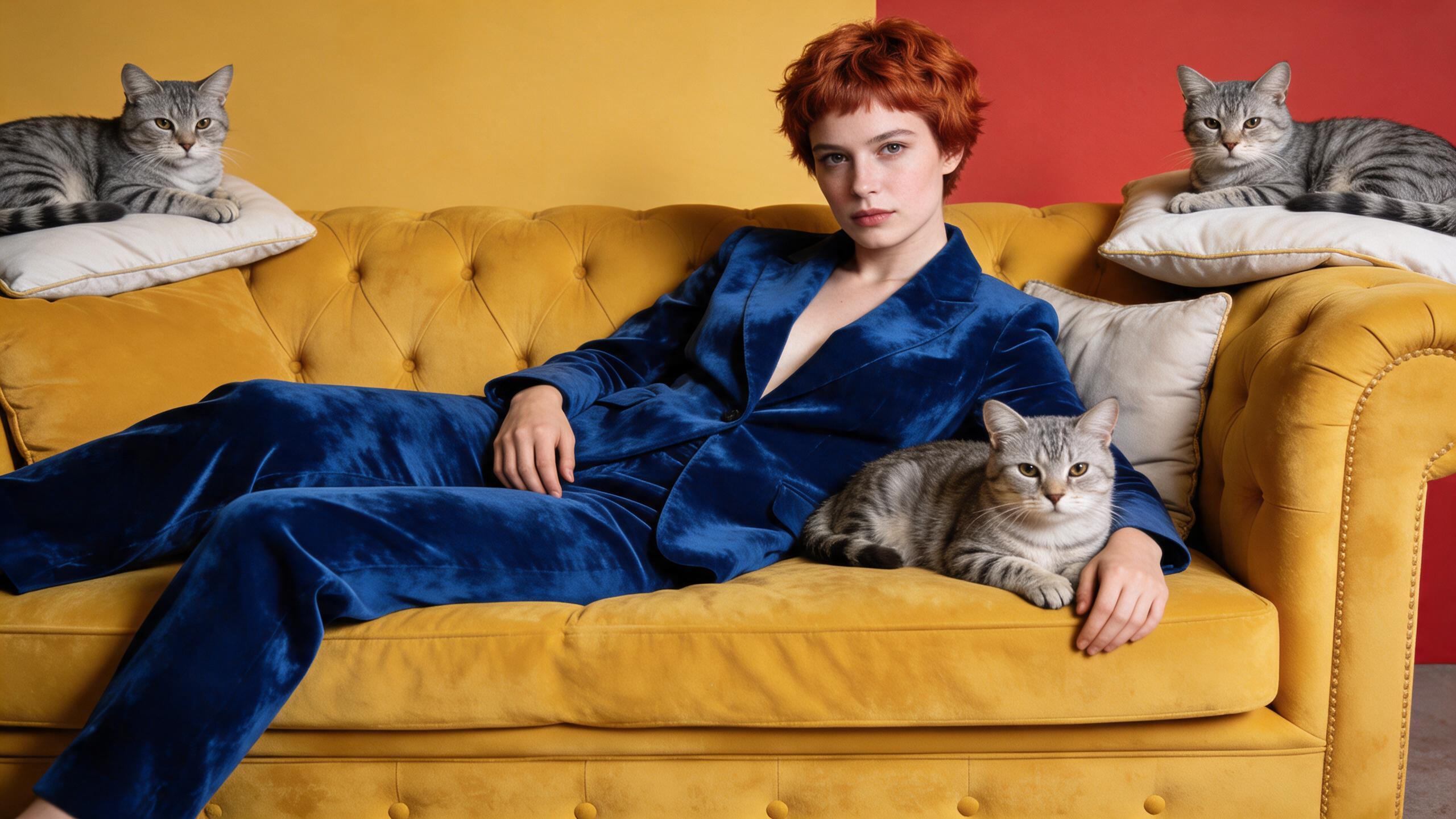 Woman with copper-red curls in a cobalt velvet suit reclining on a mustard sofa with three grey tabby cats
