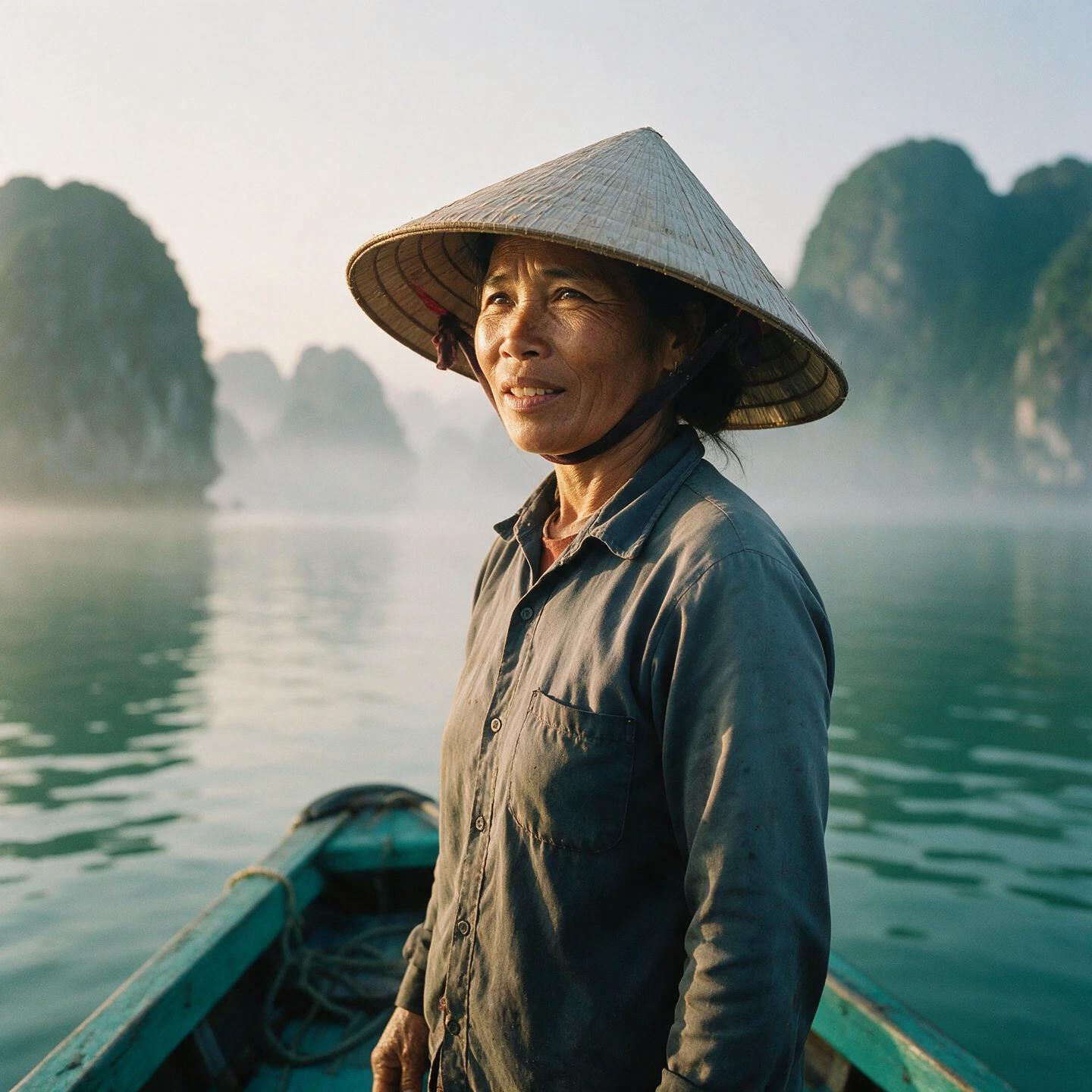 Fisherwoman in a conical hat on a teal boat in misty Ha Long Bay at dawn