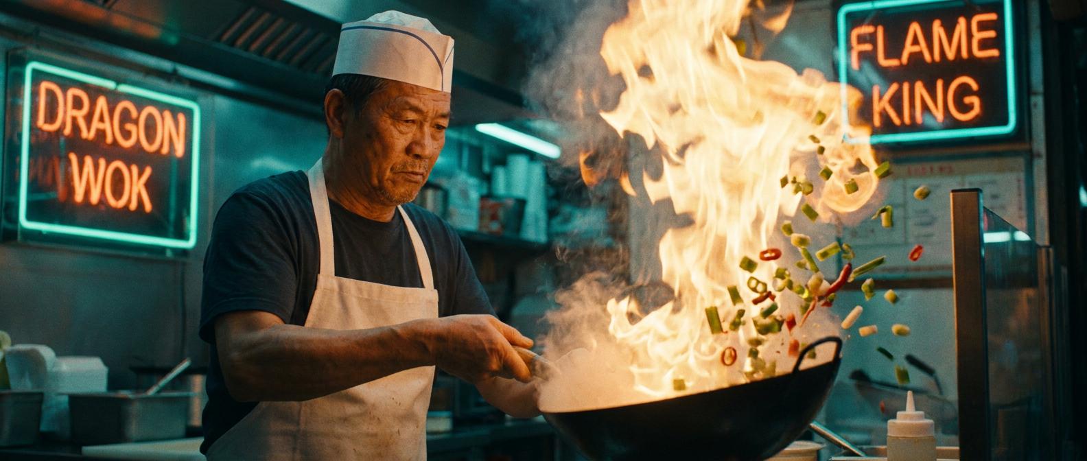 Night-market chef flambéing a wok under neon signs, flame and vegetables frozen mid-air