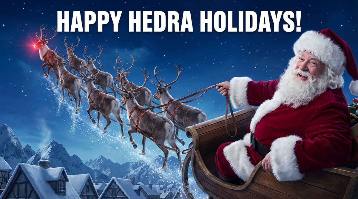 Santa waves from a reindeer-drawn sleigh flying over snowy rooftops, under the text "Happy Hedra Holidays!"