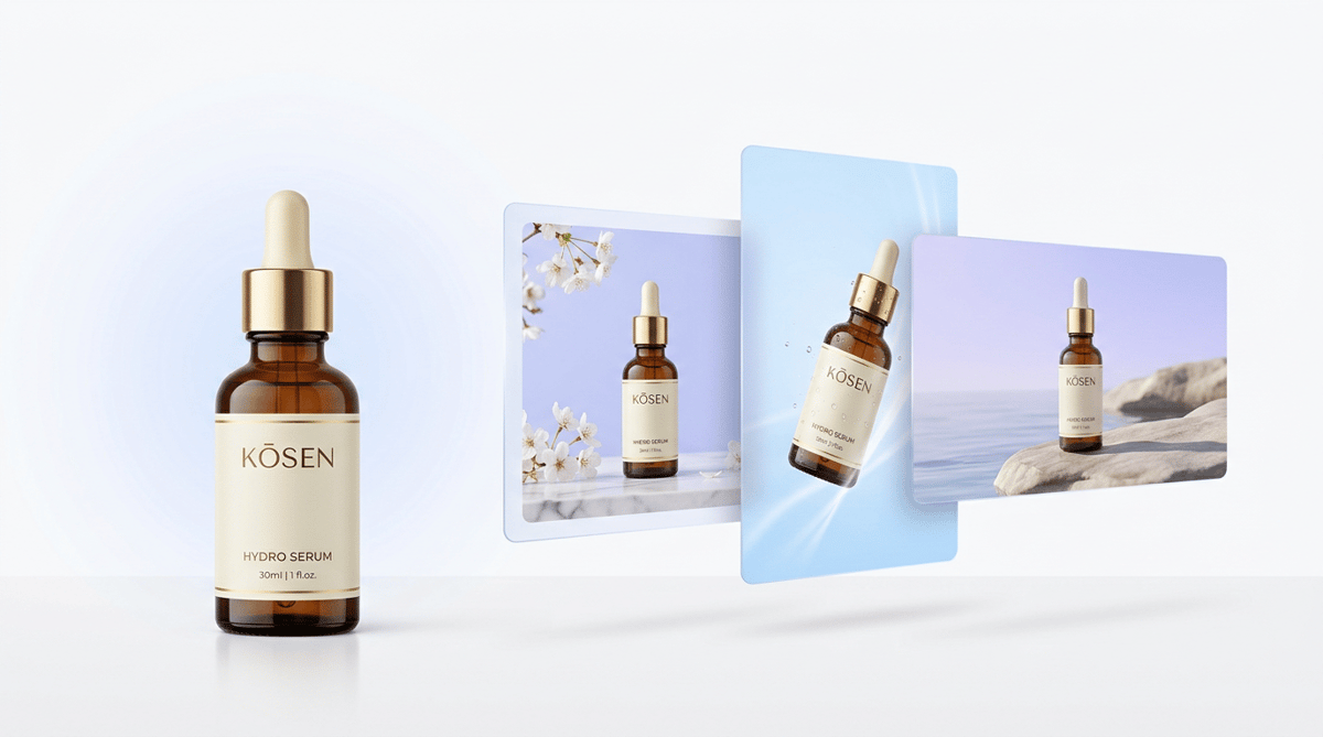 KŌSEN Hydro Serum dropper bottle beside three floating cards showing the bottle in different backdrops