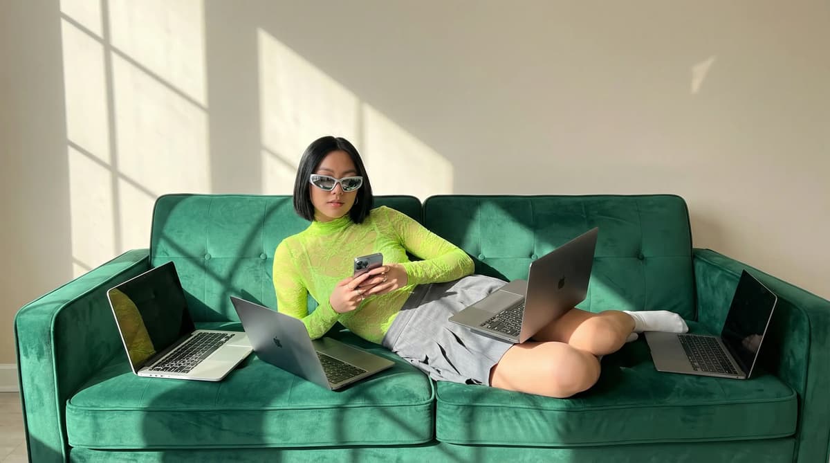 Woman in sunglasses and a neon green top reclines on a green velvet sofa with a phone and four open laptops