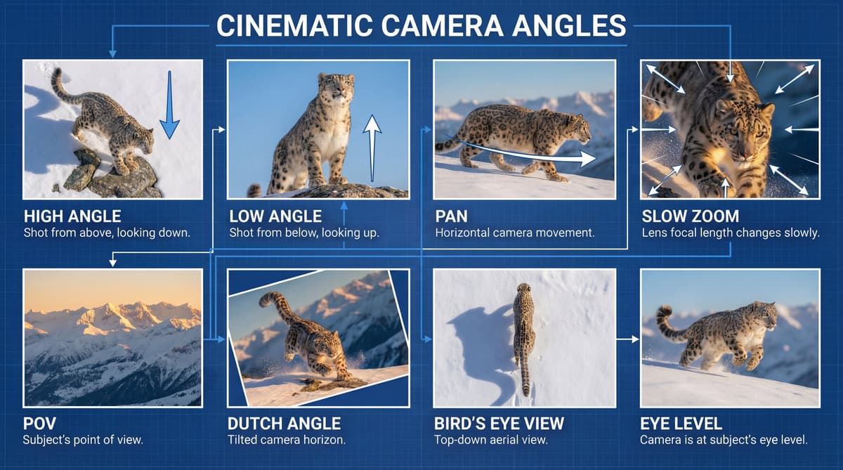 Infographic titled "Cinematic Camera Angles" using snow leopard photos to show high angle, low angle, pan, POV, and more