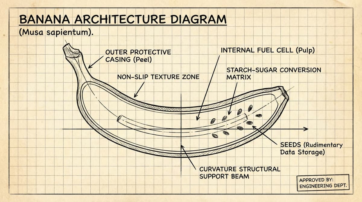 Hand-drawn "Banana Architecture Diagram" with joke labels like Outer Protective Casing and Internal Fuel Cell