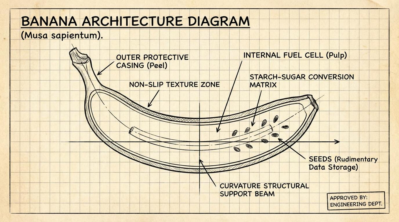 Hand-drawn "Banana Architecture Diagram" with joke labels like Outer Protective Casing and Internal Fuel Cell