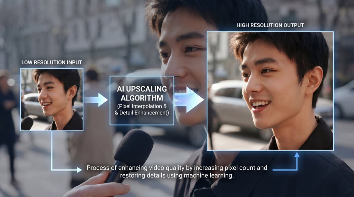 Diagram of low resolution input passing through an AI upscaling algorithm to a high resolution output of a man's face
