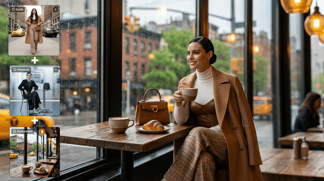 Cards labeled Outfit, Character, and Environment combine into a scene of a woman having coffee in a city cafe