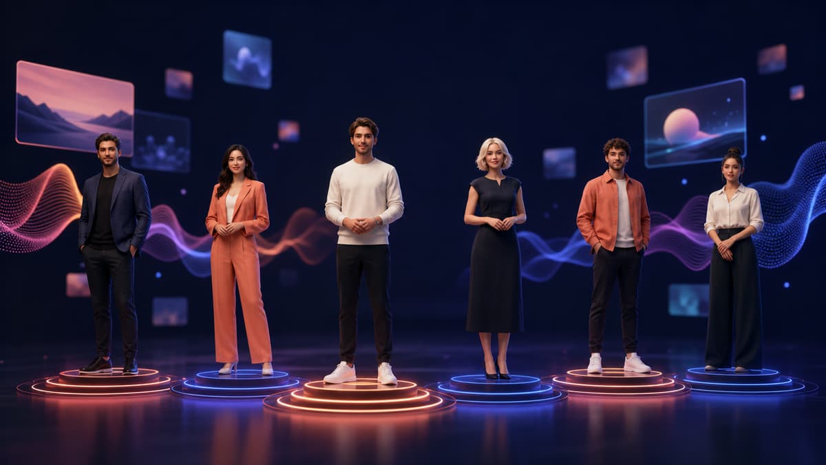 Six digital avatars in business-casual clothing stand on glowing neon platforms against a dark backdrop with waveforms