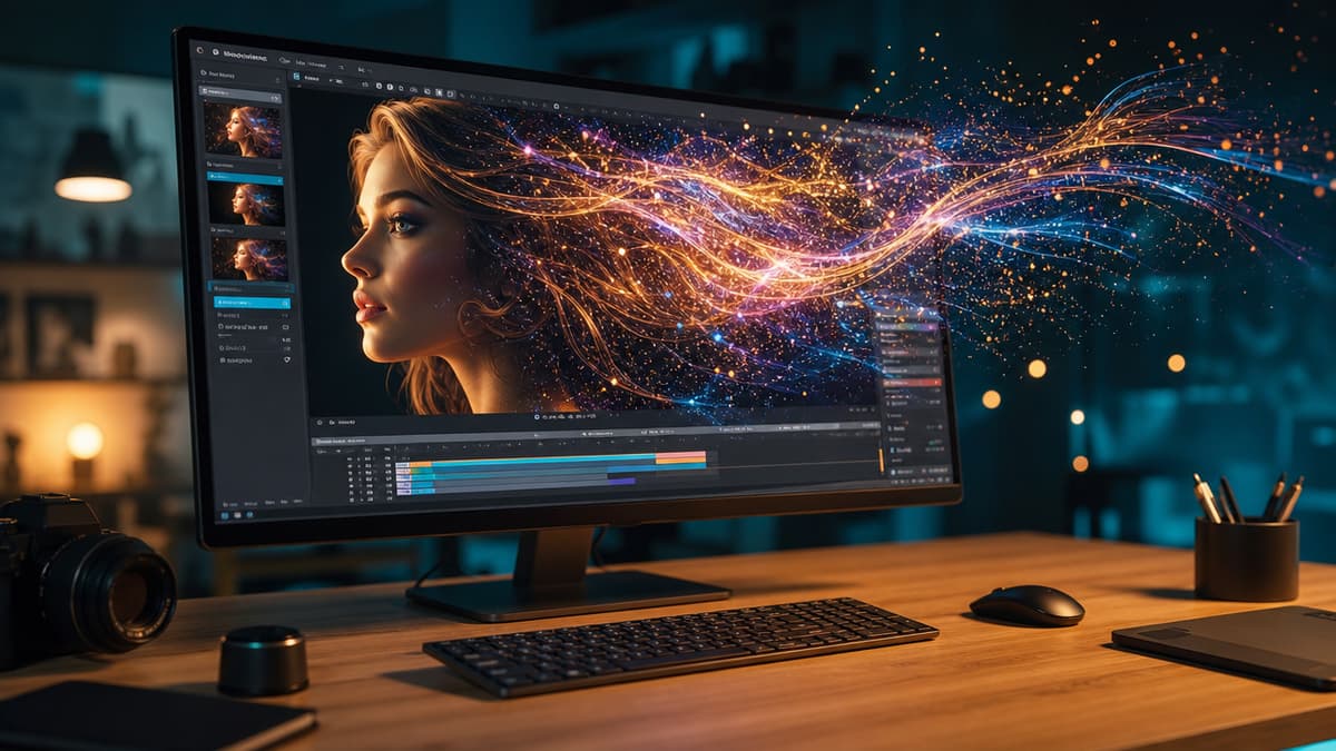 Monitor on a desk shows editing software with a woman's portrait as glowing particle streams burst out of the screen