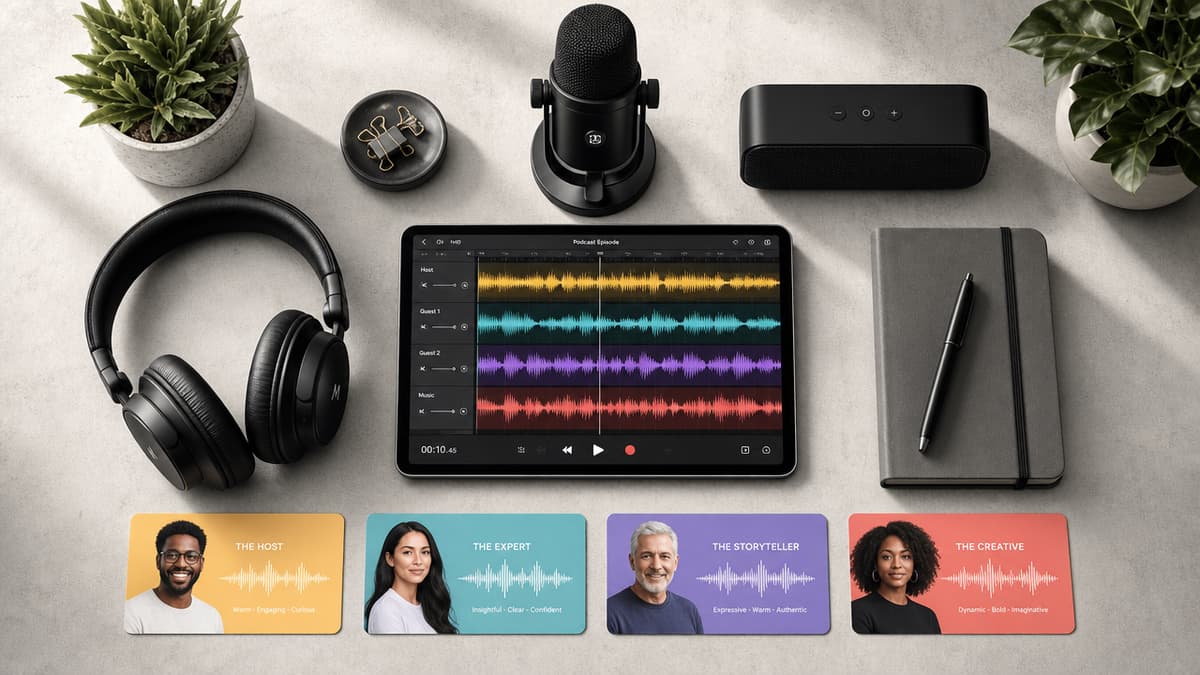 Podcast gear around a tablet with multitrack audio and voice cards labeled Host, Expert, Storyteller, and Creative