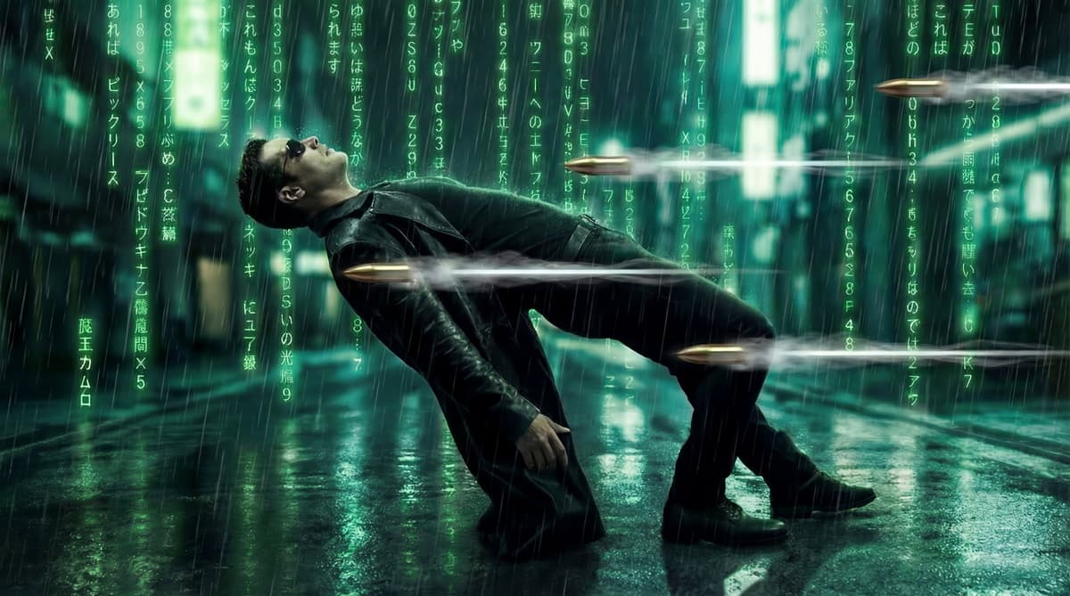 Man in black coat and sunglasses leans backward dodging bullets in rain, surrounded by falling green code