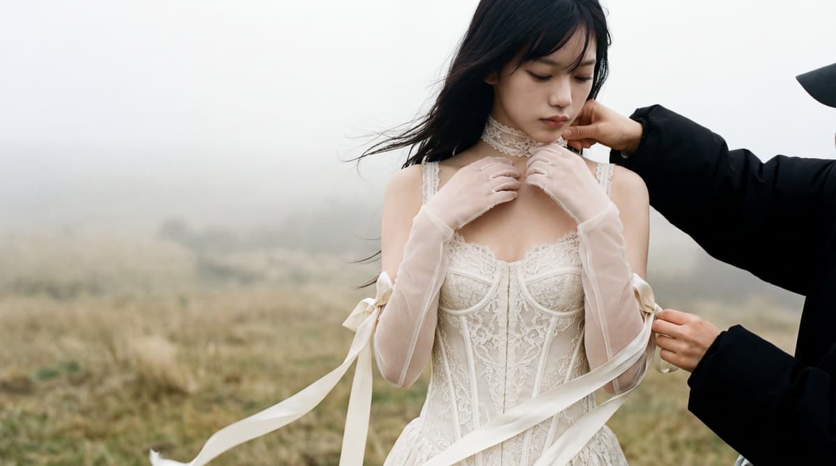 Woman in a white lace corset dress and sheer gloves in a foggy field; a hand in a black sleeve adjusts ribbons at her side