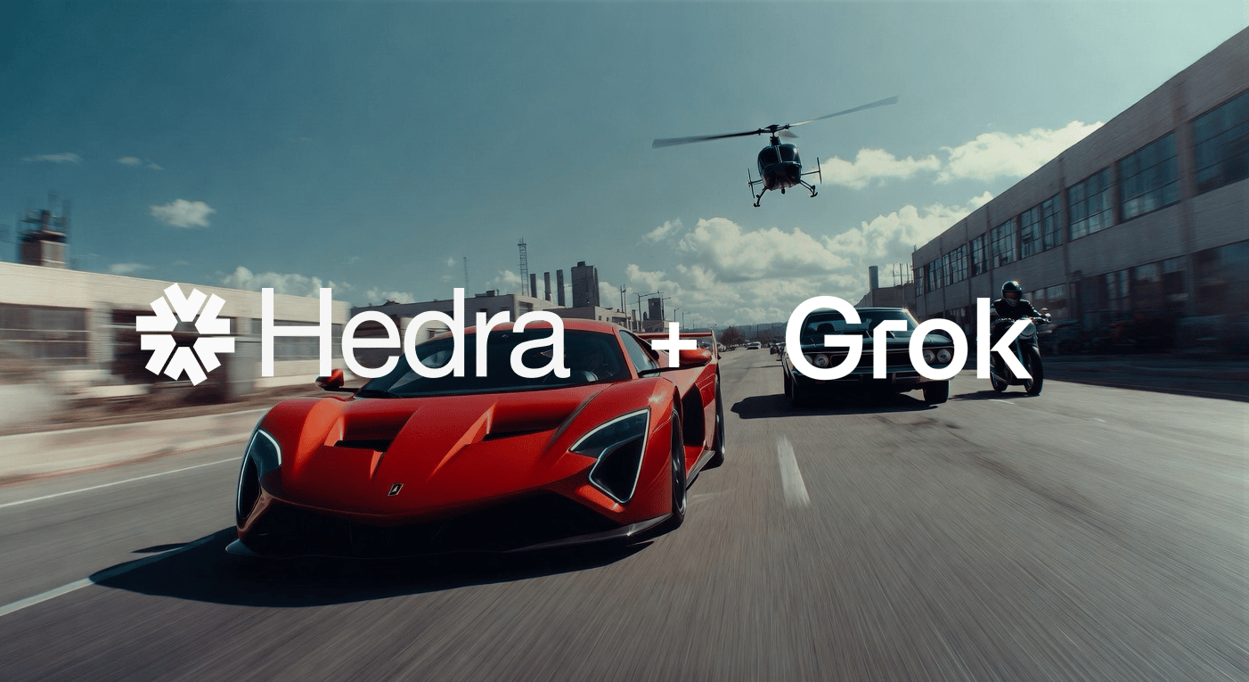 Text Hedra + Grok over a red supercar racing down a road with a muscle car, motorcyclist, and helicopter overhead