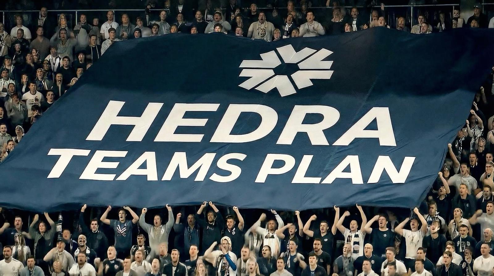 Stadium crowd holds up a giant navy banner reading "Hedra Teams Plan" with the Hedra logo
