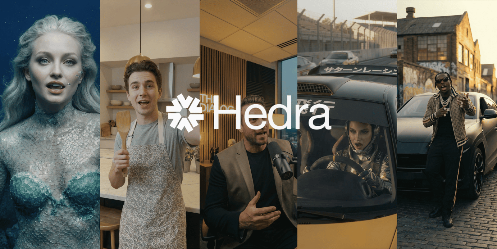 Hedra logo over a five-panel collage: mermaid, cook with spatula, podcast host, race driver, and man posing by a car