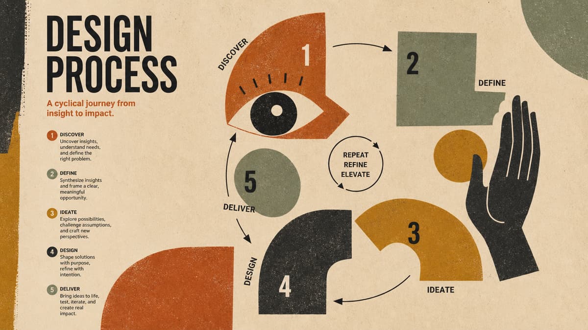 Retro-style "Design Process" infographic showing five cyclical steps: Discover, Define, Ideate, Design, Deliver