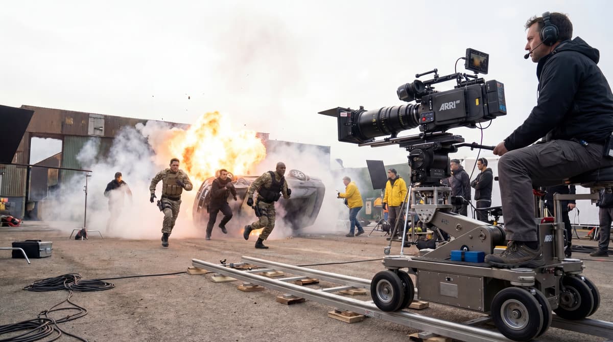 Camera operator on a dolly films actors in tactical gear running from an explosion and overturned car on a film set