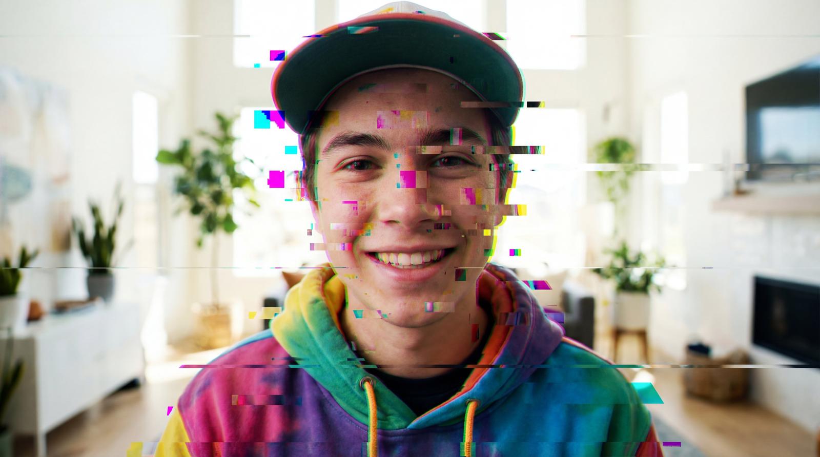 Smiling teenager in a cap and tie-dye hoodie with heavy digital glitch artifacts across his face