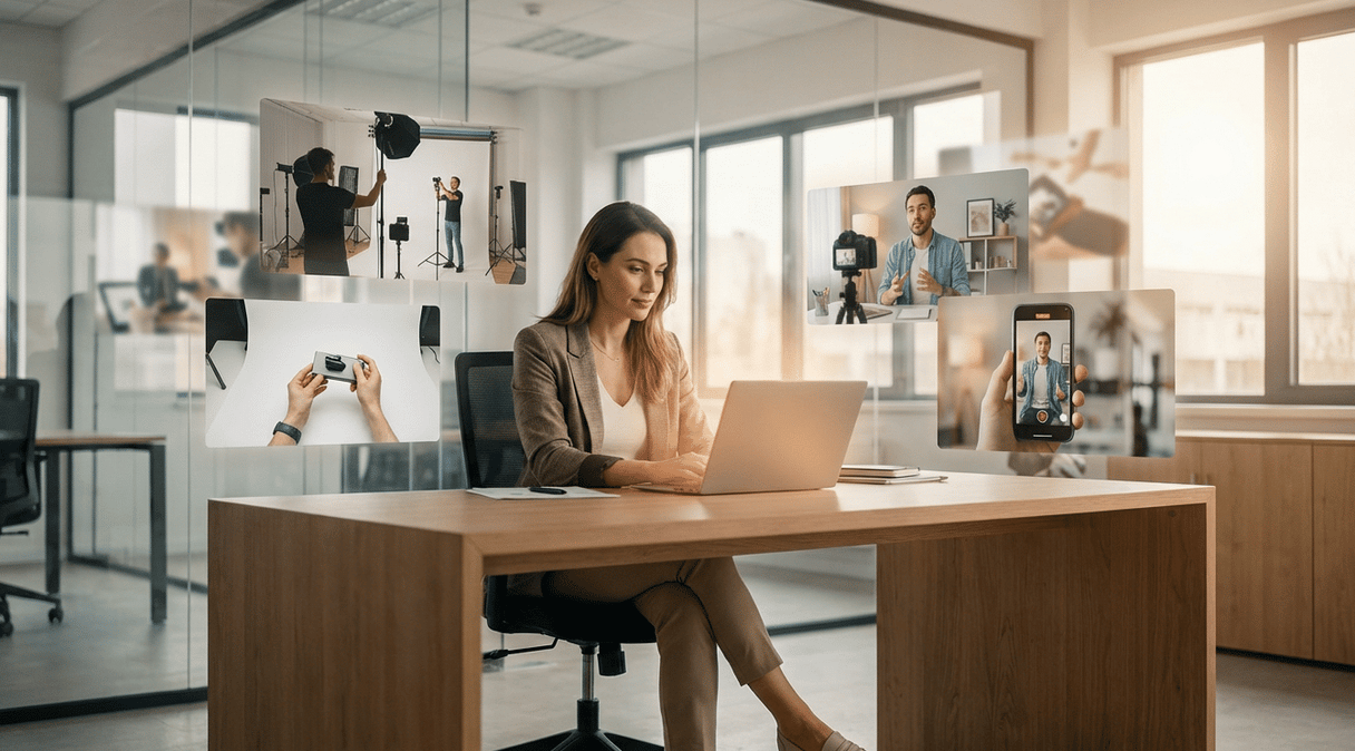 Woman works on a laptop at an office desk surrounded by floating panels showing video shoots and filming scenes