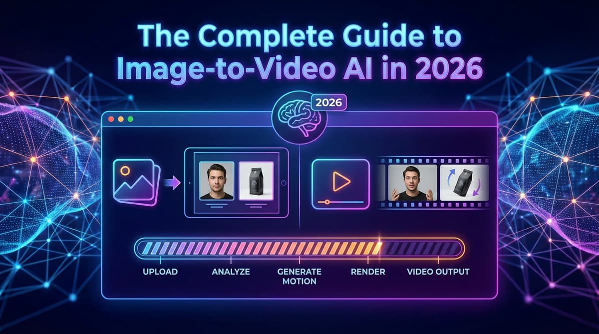 Graphic titled The Complete Guide to Image-to-Video AI in 2026 with a pipeline: upload, analyze, generate motion, render