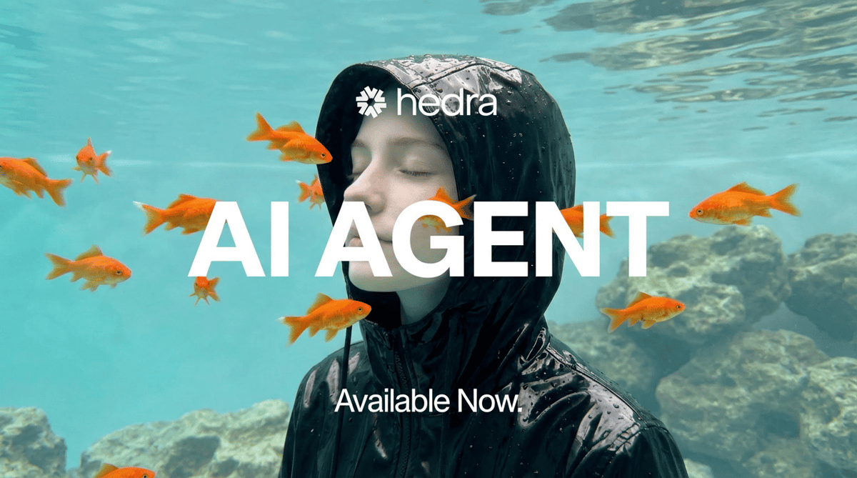 Title card with Hedra logo reading AI AGENT Available Now; hooded figure underwater surrounded by orange goldfish