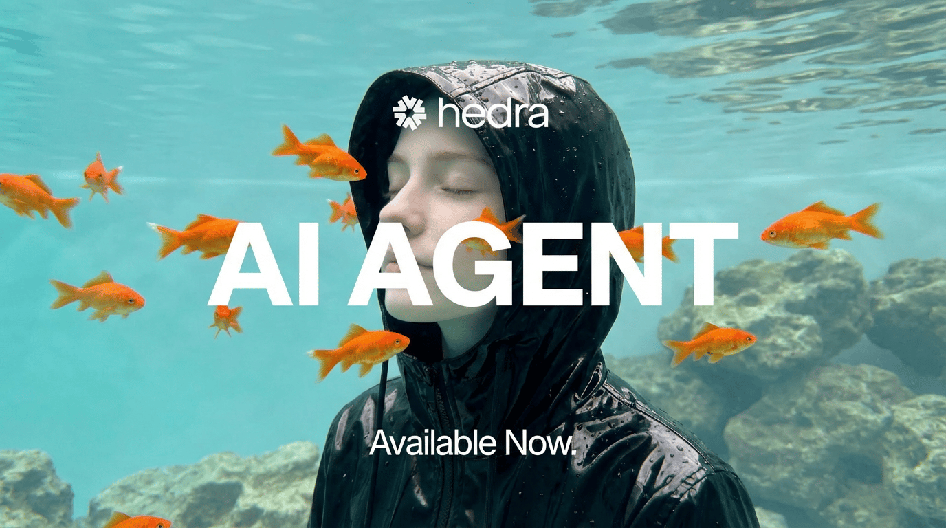 Title card with Hedra logo reading AI AGENT Available Now; hooded figure underwater surrounded by orange goldfish
