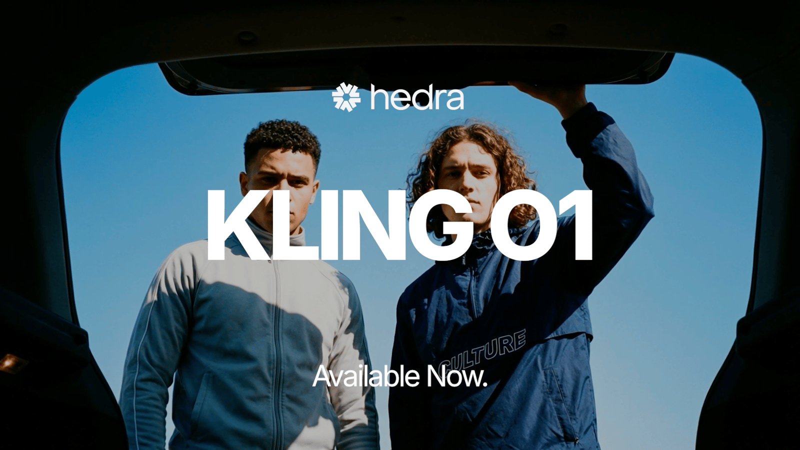 Two young men look up from inside a car trunk under blue sky, with Hedra logo and text "KLING O1 Available Now."